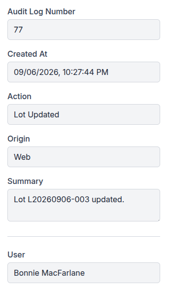 Indietory Audit Log detail showing when a lot was updated, the affected lot, and the user who made the change
