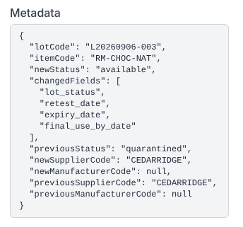 Indietory Audit Log metadata showing a tracked lot changing from quarantined to available and the fields changed