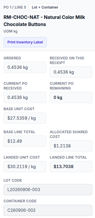 Indietory receipt line showing lot and container tracking, allocated shared cost, landed cost, and inventory label generation