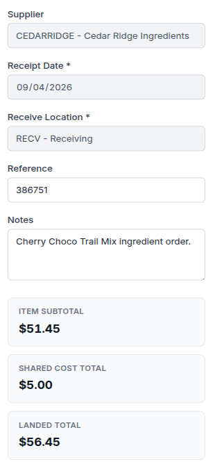 Indietory Purchase Receipt showing received ingredients, freight allocation, and landed cost